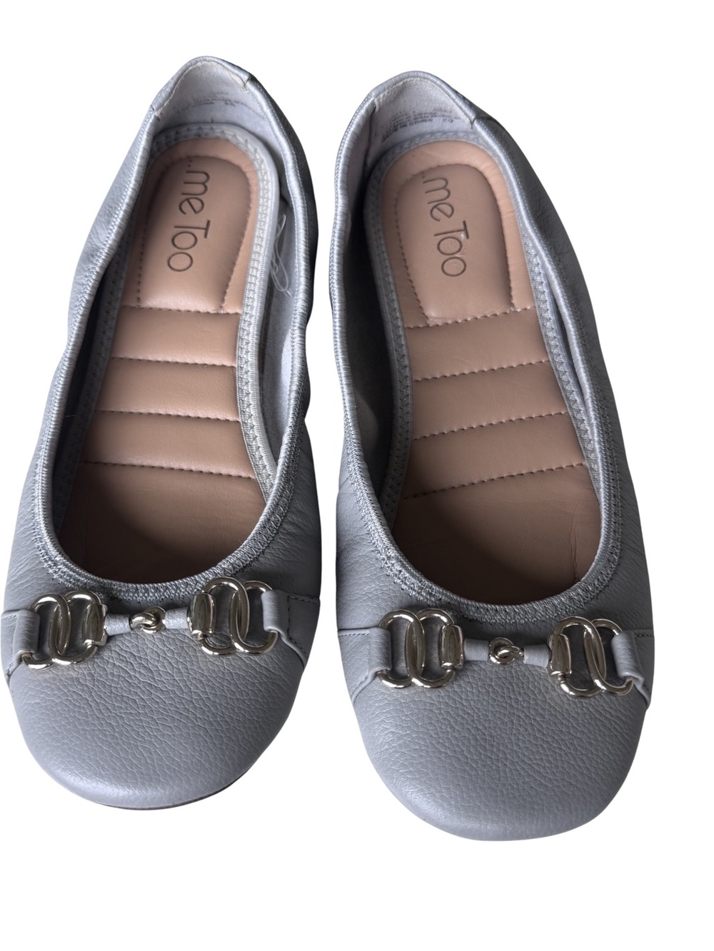 Me Too Womens 8.5M Gray Leather Ballet Flats Silver Hardware Round Toe Shoes
